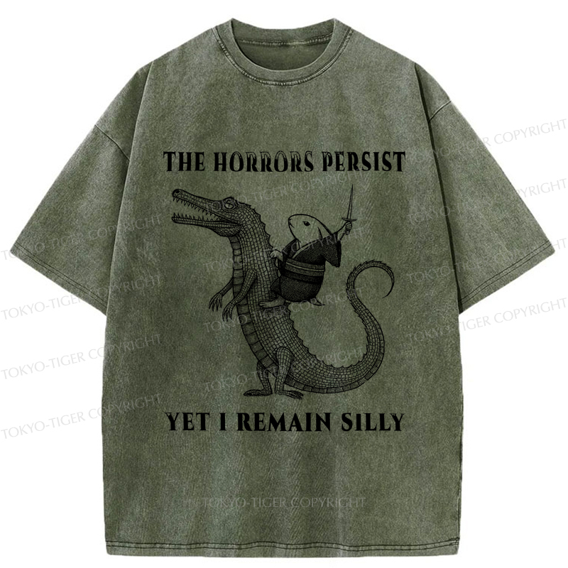 Tokyo-Tiger Samurai Rabbit Riding Crocodile Washed T-Shirt