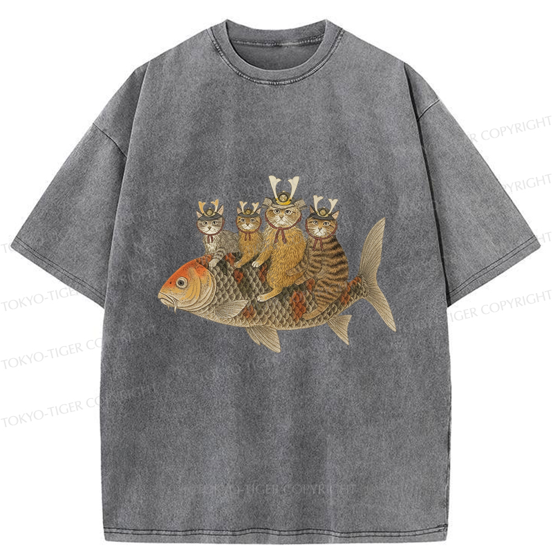 Tokyo-Tiger Funny Samurai Cat Riding a Fish Washed T-Shirt