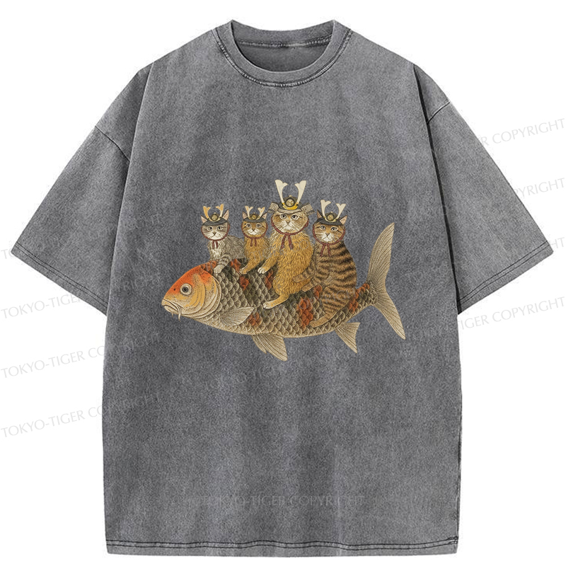 Tokyo-Tiger Funny Samurai Cat Riding a Fish Washed T-Shirt