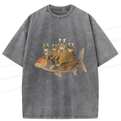 Tokyo-Tiger Funny Samurai Cat Riding a Fish Washed T-Shirt