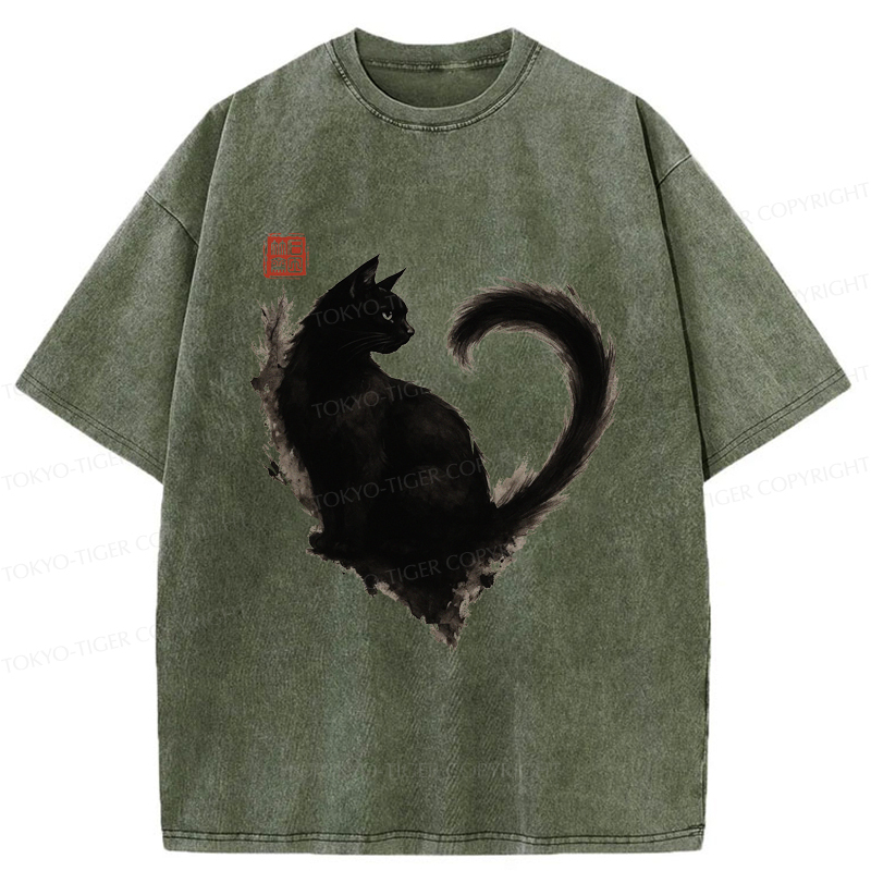 Tokyo-Tiger Funny Heart-Shaped Ink Cat  Washed T-Shirt