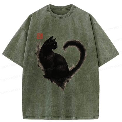 Tokyo-Tiger Funny Heart-Shaped Ink Cat  Washed T-Shirt