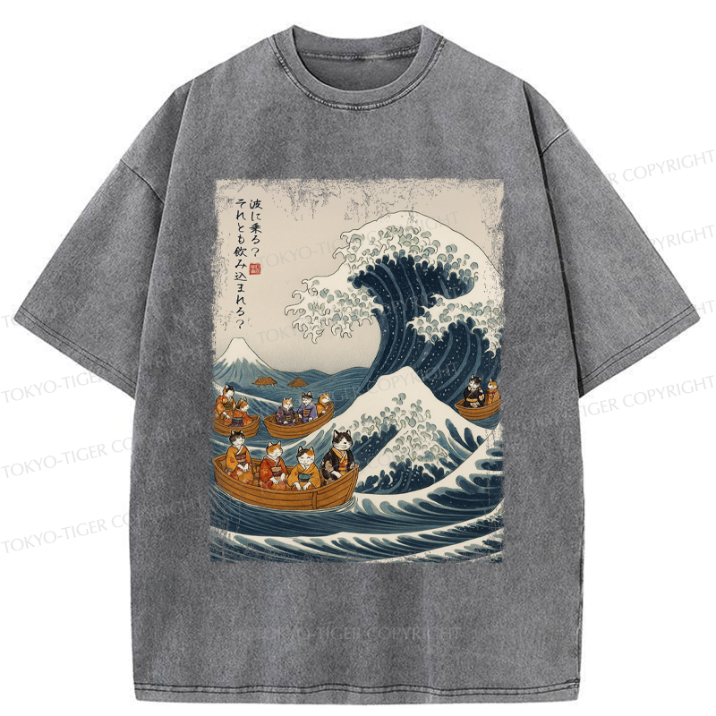 Tokyo-Tiger Japanese Cat Surfing Ukiyo-e Washed T-Shirt