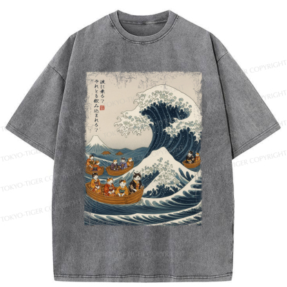 Tokyo-Tiger Japanese Cat Surfing Ukiyo-e Washed T-Shirt