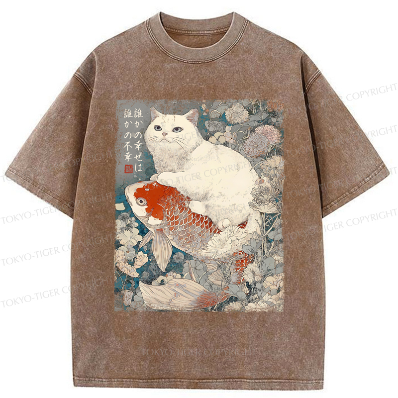 Tokyo-Tiger Japanese Cat Koi Fish Washed T-Shirt