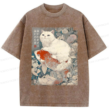 Tokyo-Tiger Japanese Cat Koi Fish Washed T-Shirt