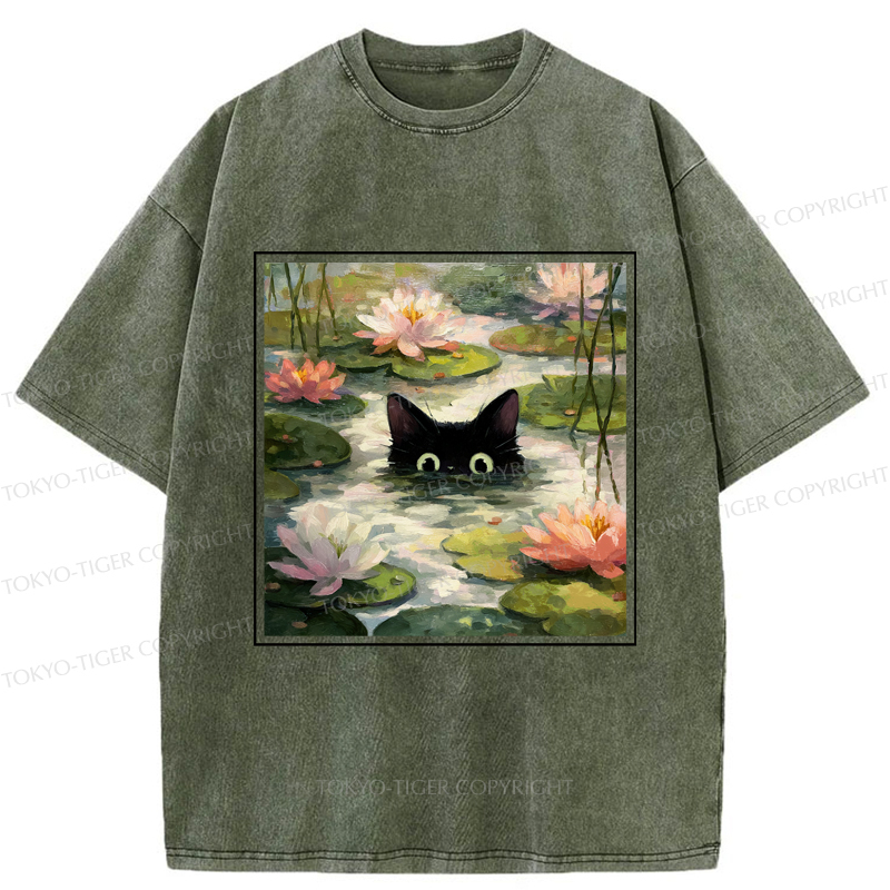 Tokyo-Tiger Black Cat and Lotus Flower Washed T-Shirt