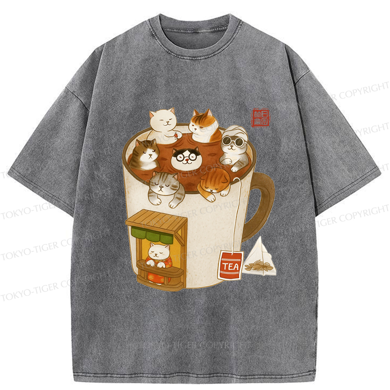 Tokyo-Tiger Funny Cat Brewing Tea Washed T-Shirt