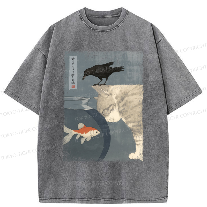 Tokyo-Tiger Crow And Cat Watching Fish T-Shirt
