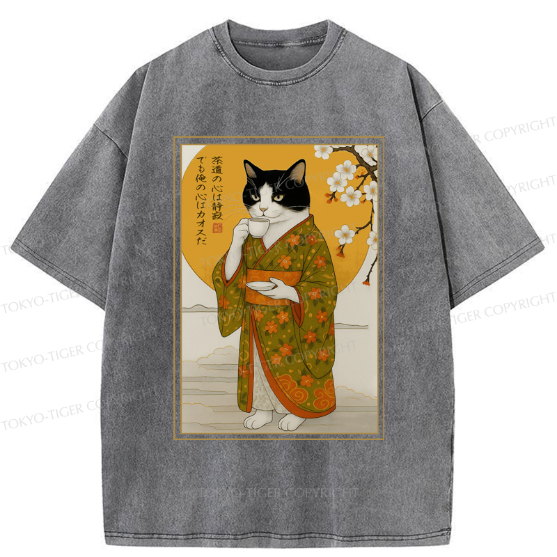 Tokyo-Tiger Cat Serene Tea Chaotic Soul Washed T-Shirt
