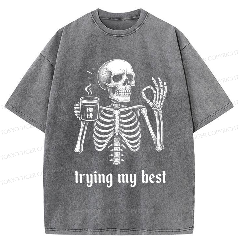 Tokyo-Tiger Skull Trying His Best  Washed T-Shirt