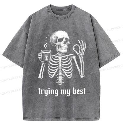 Tokyo-Tiger Skull Trying His Best  Washed T-Shirt