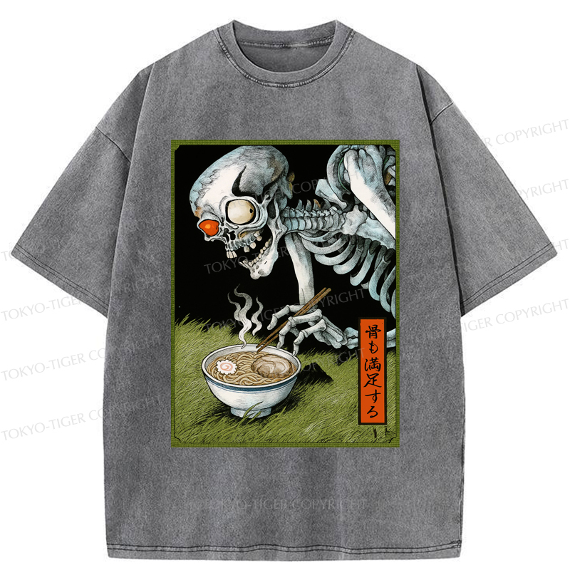 Tokyo-Tiger Ukiyo-e Skeleton Eating Ramen Washed T-Shirt