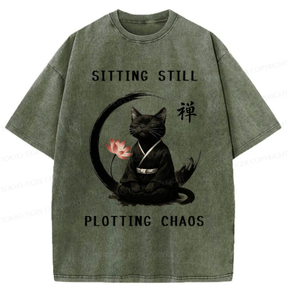 Tokyo-Tiger Sitting still  plotting chaos Calming Zen Cat Funny Washed T-Shirt