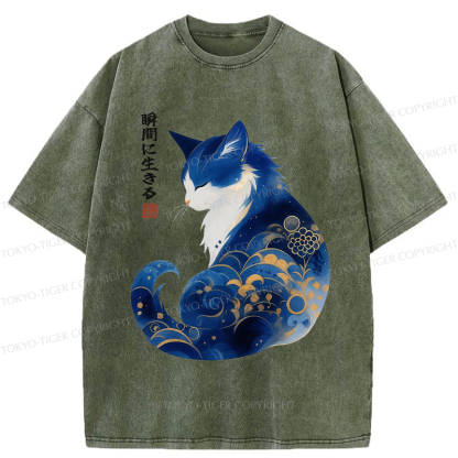 Tokyo-Tiger Retro Zen Cat: Living the Present Washed T-Shirt