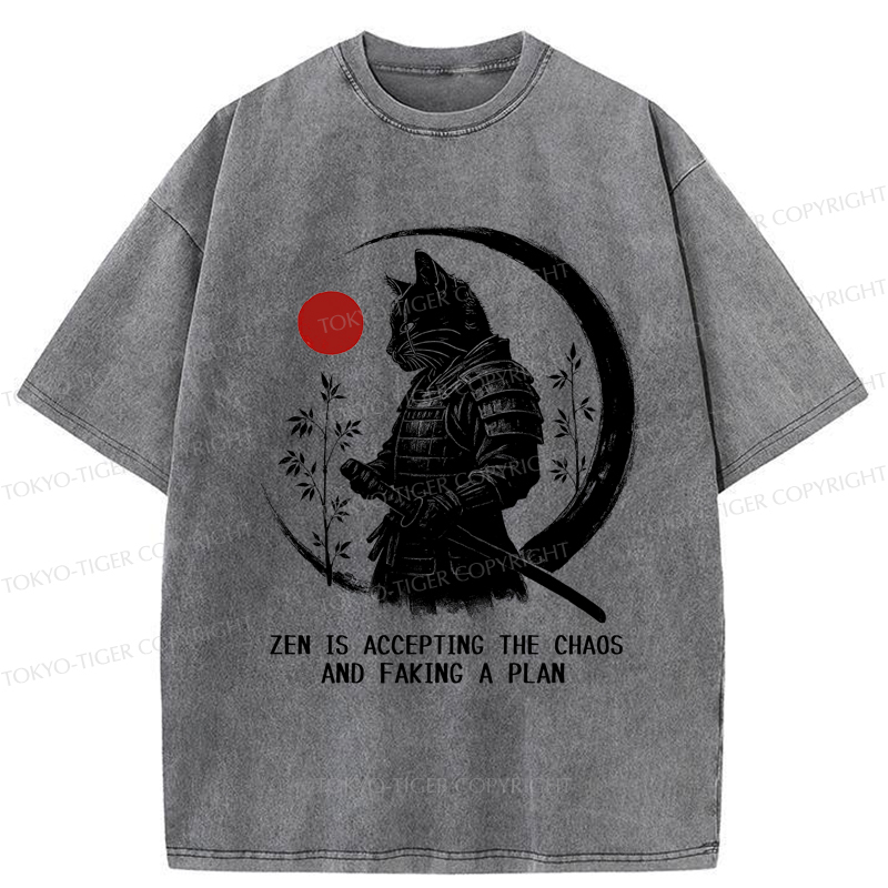 Tokyo-Tiger Zen Cat: Warrior of Serenity Washed T-Shirt