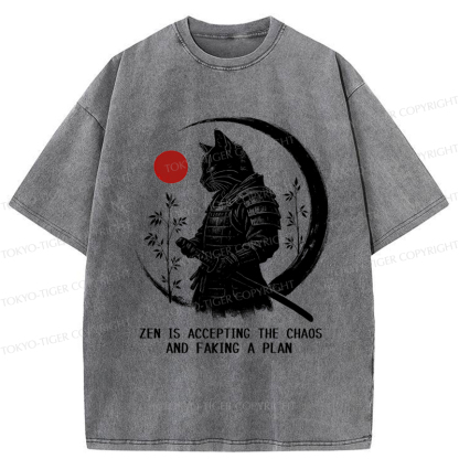 Tokyo-Tiger Zen Cat: Warrior of Serenity Washed T-Shirt