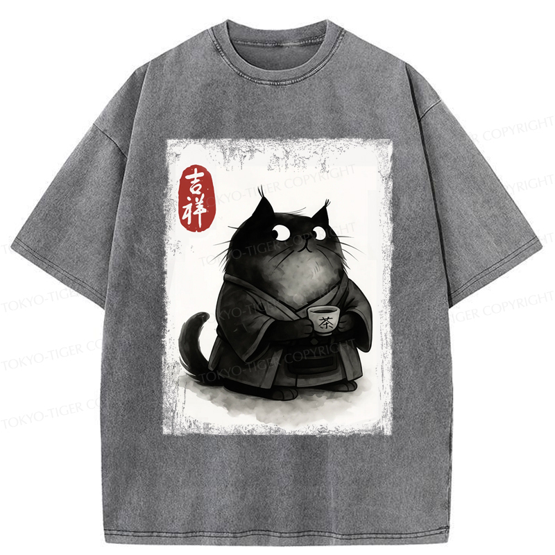 Tokyo-Tiger The Black Cat’s Tea Ritual Zen Ink Painting Washed T-Shirt