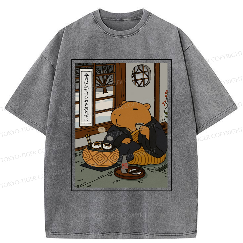Tokyo-Tiger The Silly Capybara is Drinking Tea Zen Washed T-Shirt
