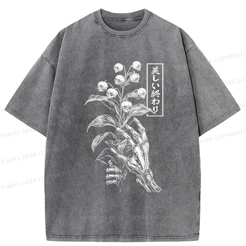Tokyo-Tiger Funny Halloween Skull Flower Washed T-Shirt