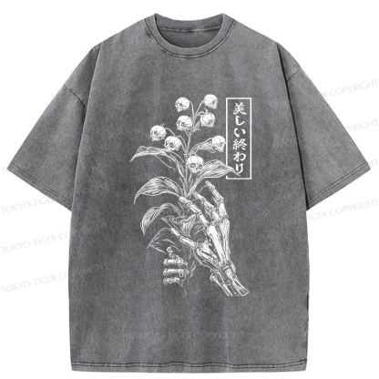 Tokyo-Tiger Funny Halloween Skull Flower Washed T-Shirt