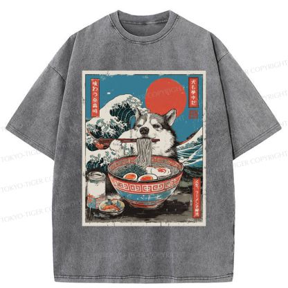 Tokyo-Tiger Ukiyo-e Style: A Funny Dog Eating Ramen Washed T-Shirt