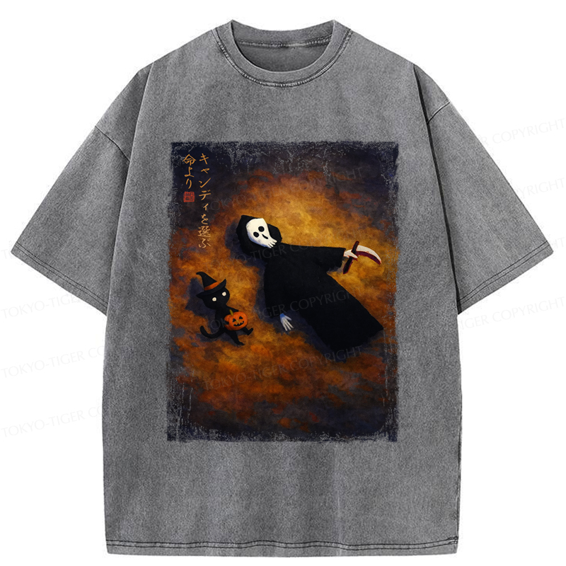 Tokyo-Tiger Skeleton And Cat Choose Candy Over Life On Halloween Washed T-Shirt
