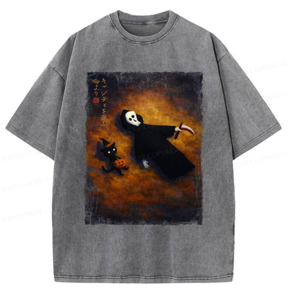 Tokyo-Tiger Skeleton And Cat Choose Candy Over Life On Halloween Washed T-Shirt