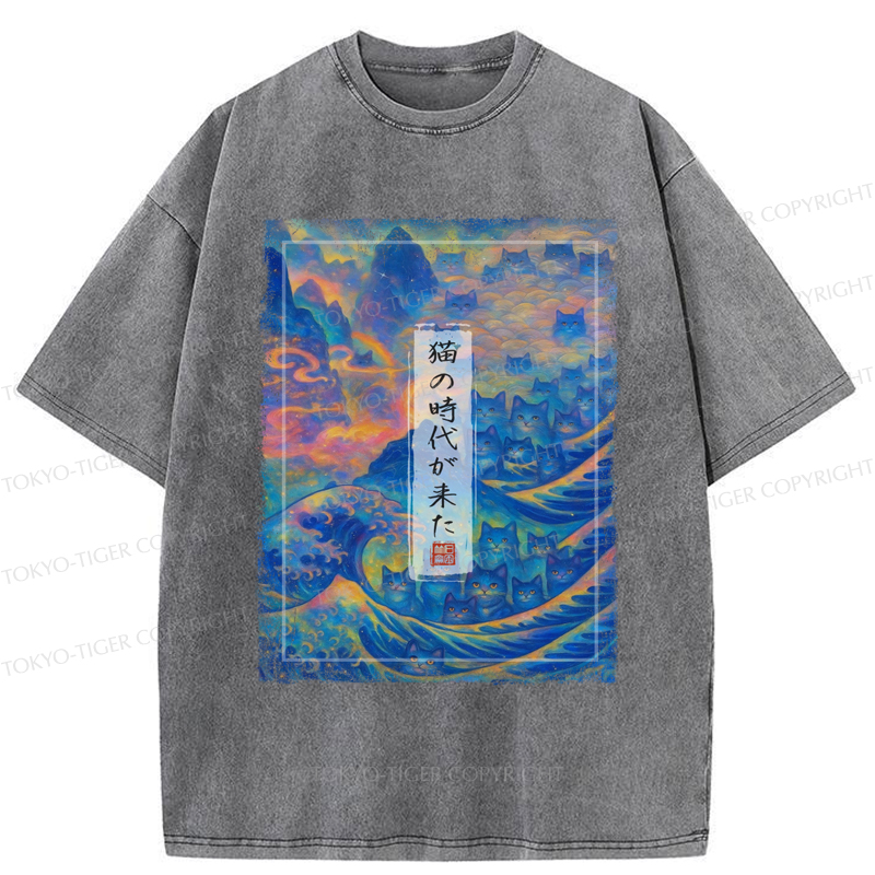 Tokyo-Tiger Riding the Feline Wave Time  Washed  T-Shirt