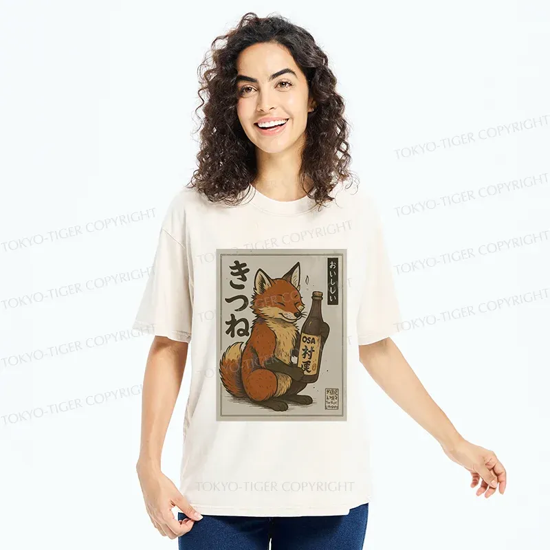 Tokyo-Tiger Fox Holding Sake Washed T-Shirt