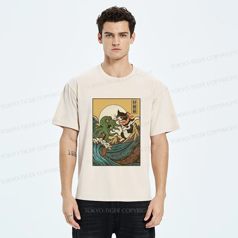 Tokyo-Tiger Cat And Octopus Battle Funny Washed T-Shirt