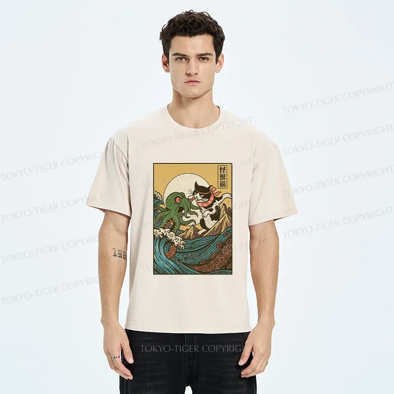 Tokyo-Tiger Cat And Octopus Battle Funny Washed T-Shirt