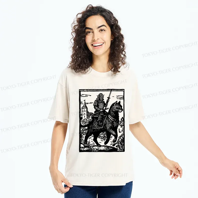 Tokyo-Tiger Samurai Riding A Cat Washed T-Shirt