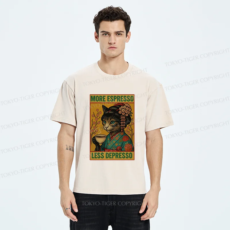 Tokyo-Tiger Geisha Cat Drinking Coffee Washed T-Shirt