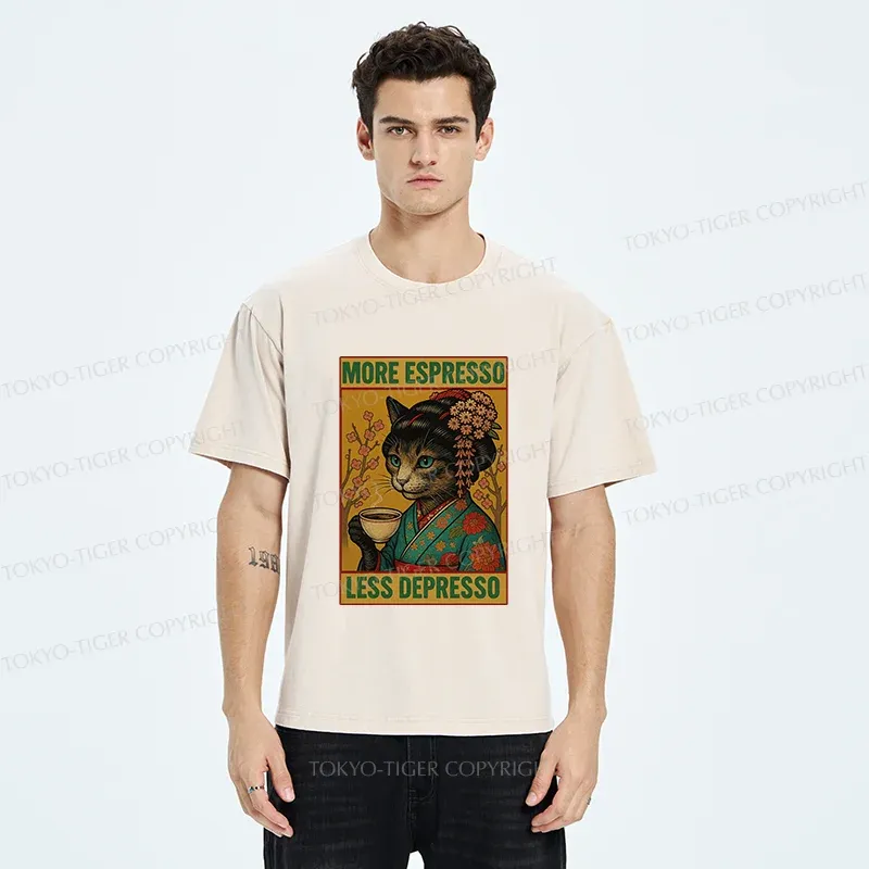 Tokyo-Tiger Geisha Cat Drinking Coffee Washed T-Shirt