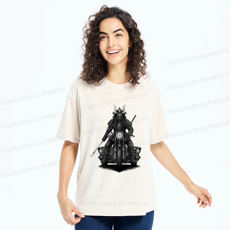 Tokyo-Tiger Samurai Riding A Motorcycle Washed T-Shirt