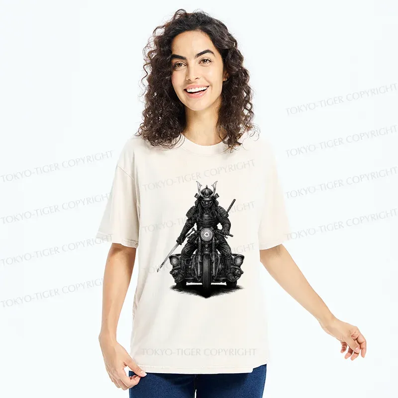 Tokyo-Tiger Samurai Riding A Motorcycle Washed T-Shirt