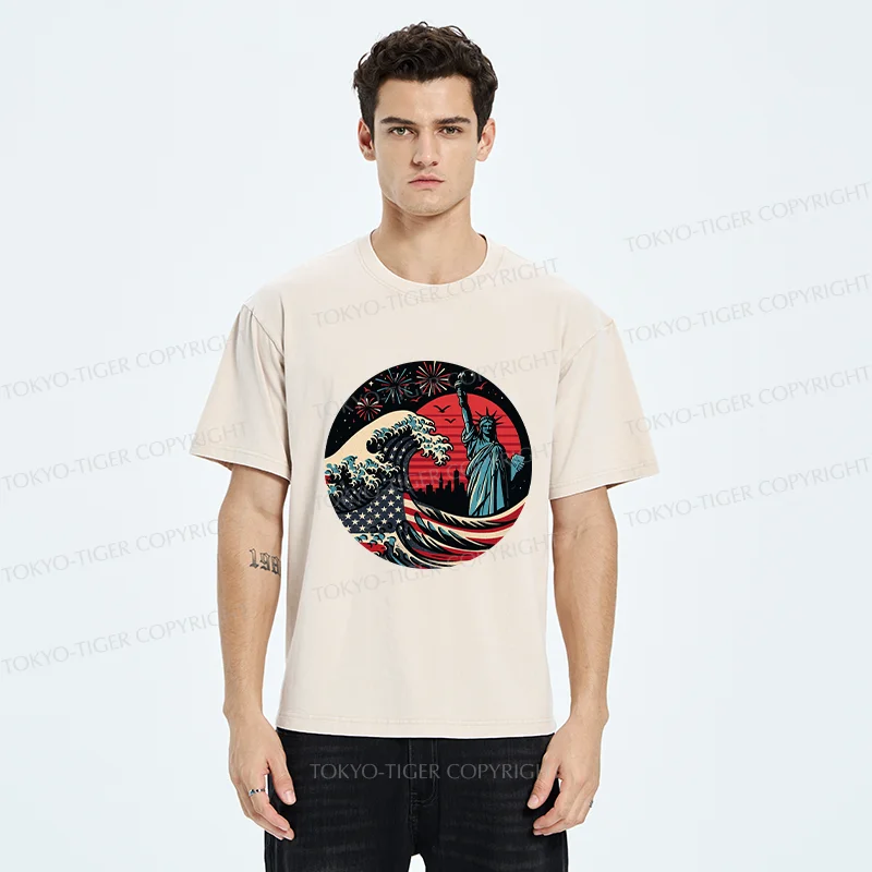 Tokyo-Tiger Independence Day And Waves Washed T-Shirt