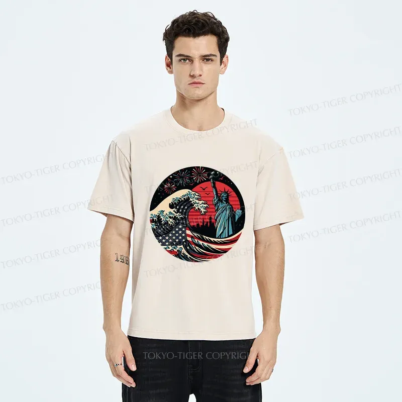 Tokyo-Tiger Independence Day And Waves Washed T-Shirt