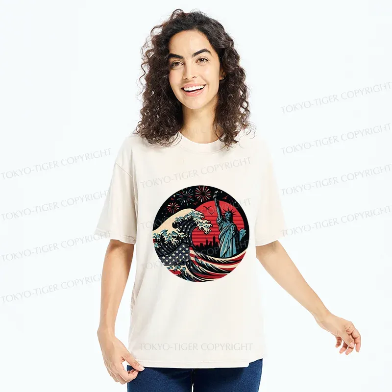 Tokyo-Tiger Independence Day And Waves Washed T-Shirt