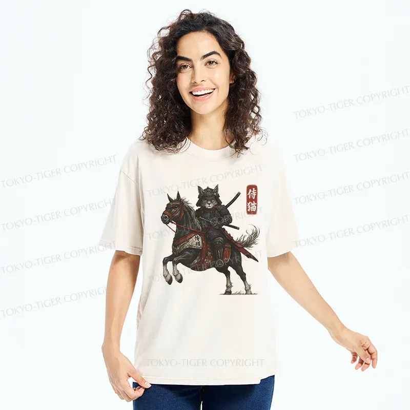 Tokyo-Tiger Cat Samurai Riding A Horse Washed T-Shirt