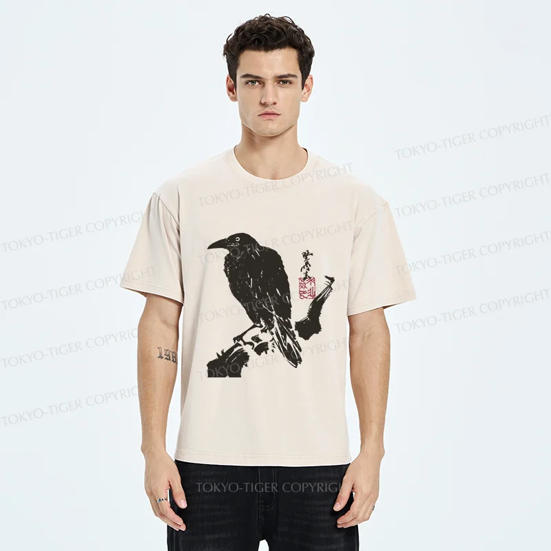 Tokyo-Tiger Crow Ancient Painting Washed T-Shirt