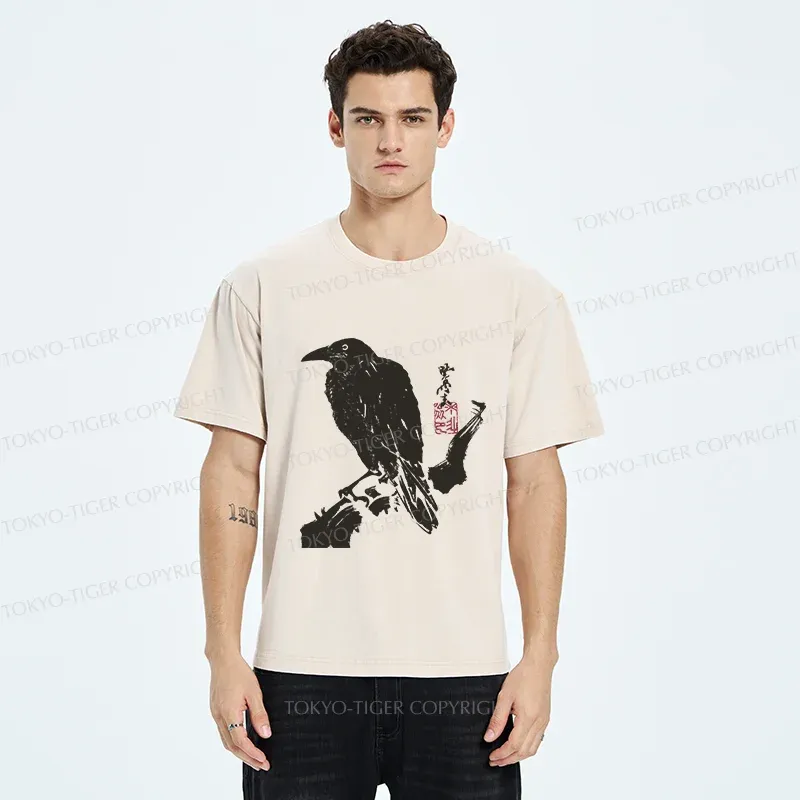 Tokyo-Tiger Crow Ancient Painting Washed T-Shirt