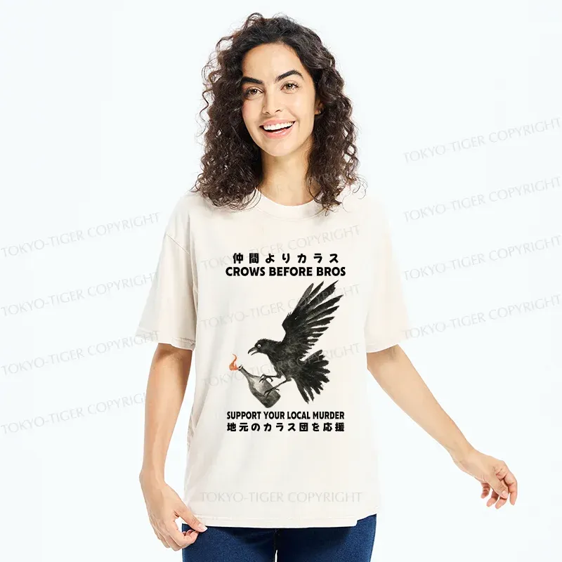 Tokyo-Tiger Crow Holding A Fire Bottle Washed T-Shirt