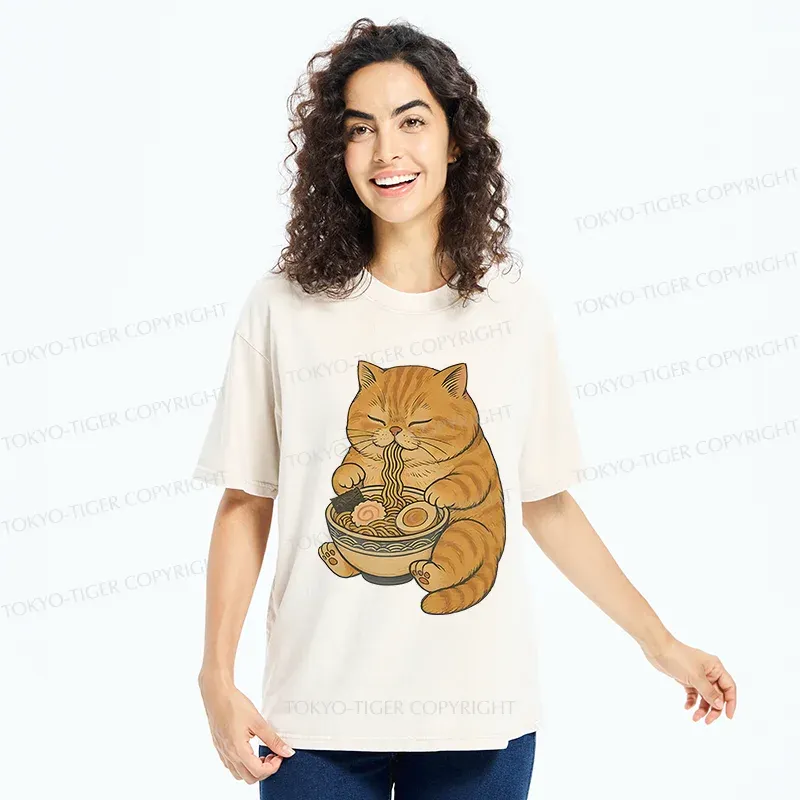 Tokyo-Tiger Orange Cat Eating Ramen Washed T-Shirt