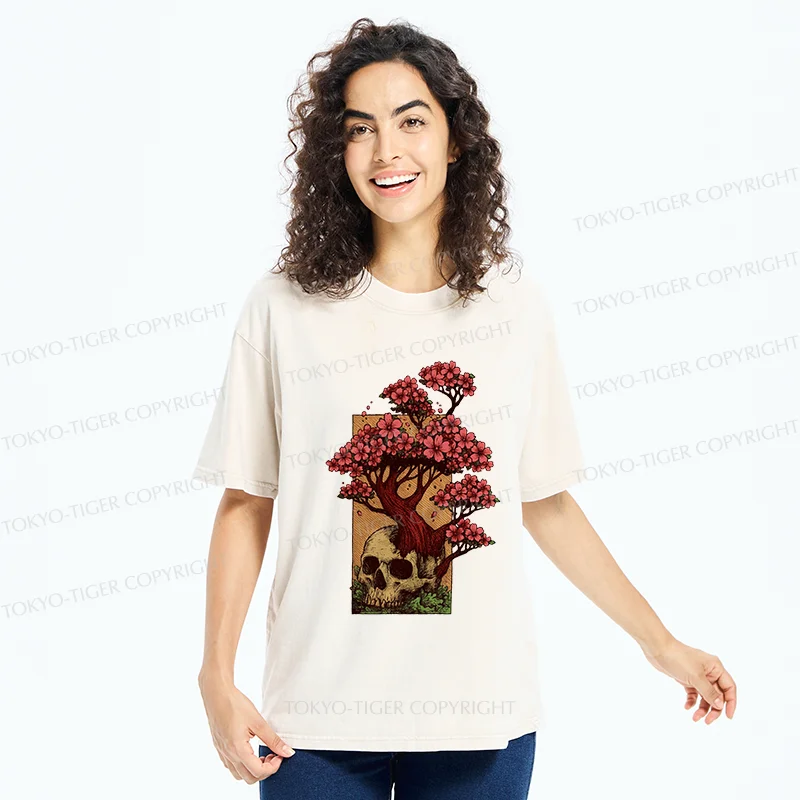 Tokyo-Tiger Skull Flower Washed T-Shirt