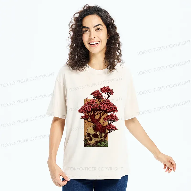 Tokyo-Tiger Skull Flower Washed T-Shirt