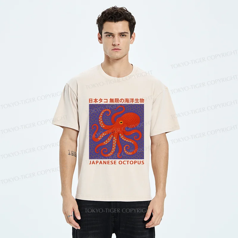 Tokyo-Tiger Retro Japanese Octopus Washed T-Shirt