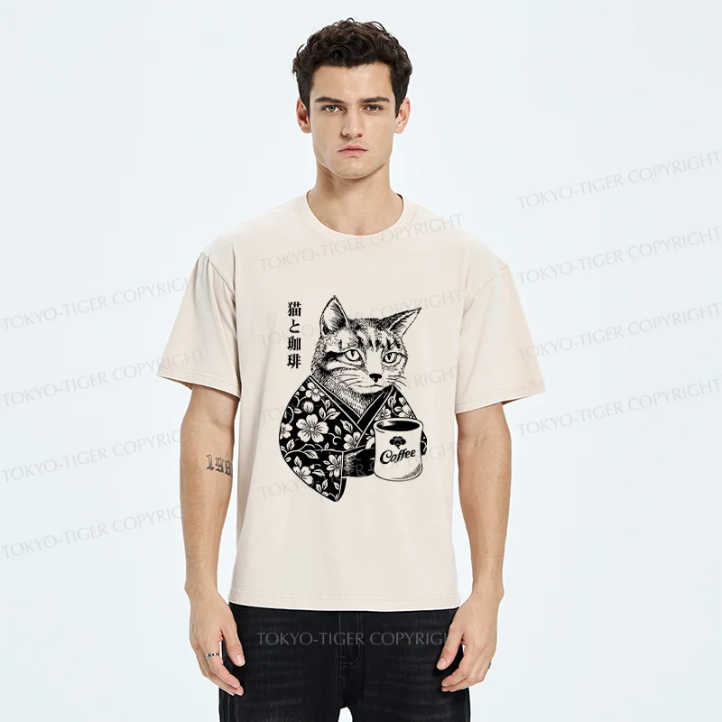 Tokyo-Tiger Cat And Coffee Washed T-Shirt