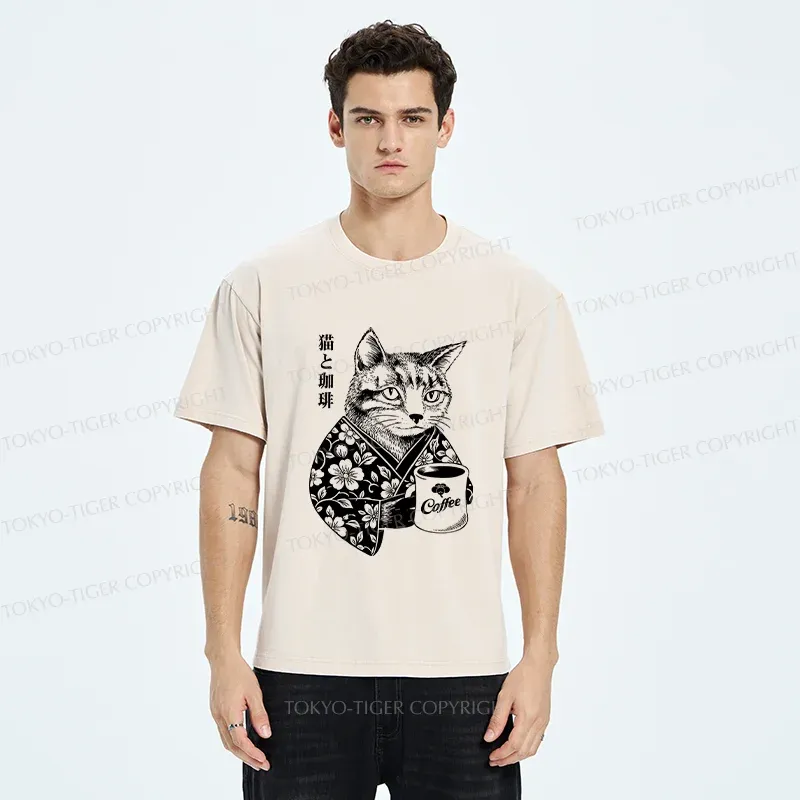 Tokyo-Tiger Cat And Coffee Washed T-Shirt